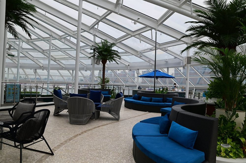 Spacious cruise ship lounge with seating and palm trees under a glass roof